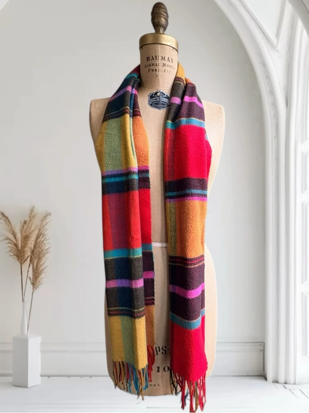 Bright Plaid Fringe Scarf Multicolor Tartan 15”x64”